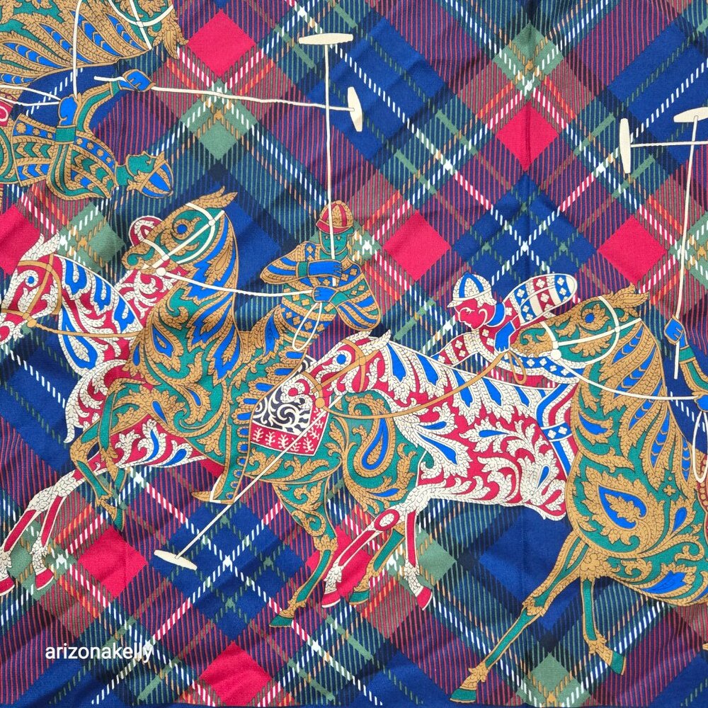 Vintage Carlisle Silk Scarf Plaid Polo Horses Equestrian Hand Rolled Preppy - Picture 8 of 9